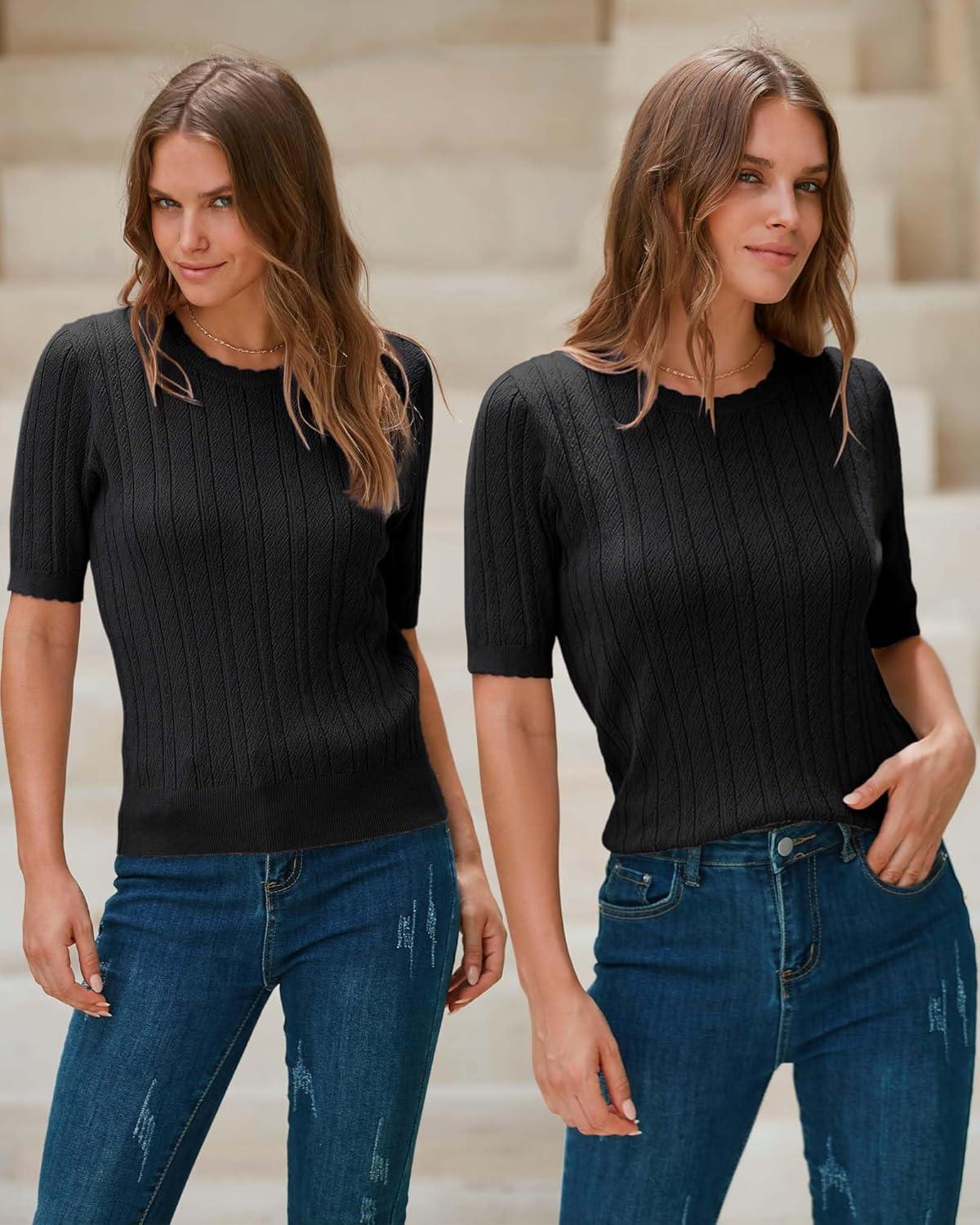 image:imageArachampCloz Womens Spring Summer Scalloped Short Sleeve Tops Textured ShirtsBlack