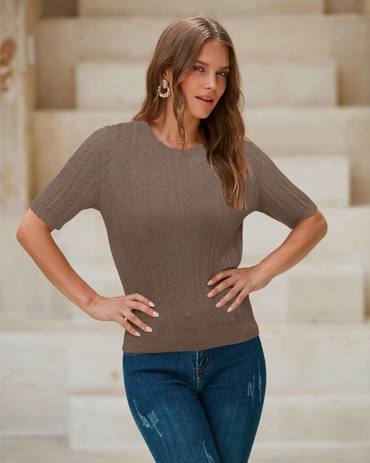 image:imageArachampCloz Womens Spring Summer Scalloped Short Sleeve Tops Textured ShirtsCoffee