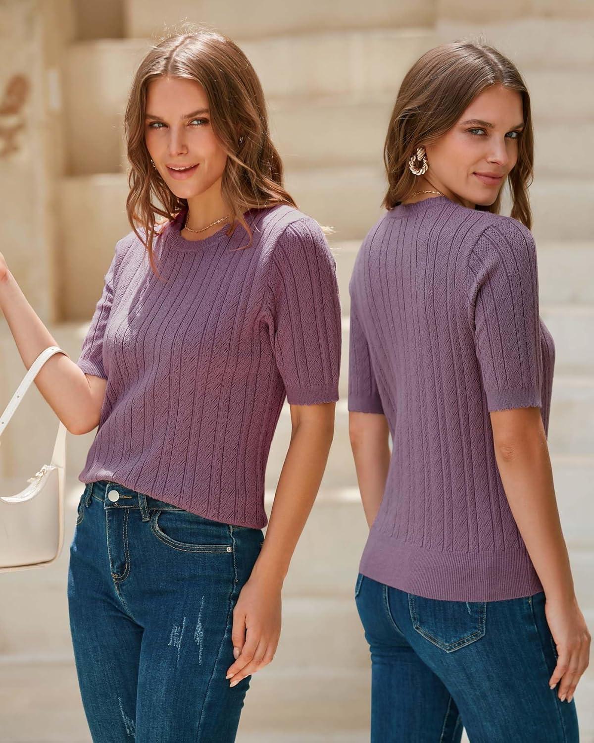 image:imageArachampCloz Womens Spring Summer Scalloped Short Sleeve Tops Textured ShirtsGray Purple