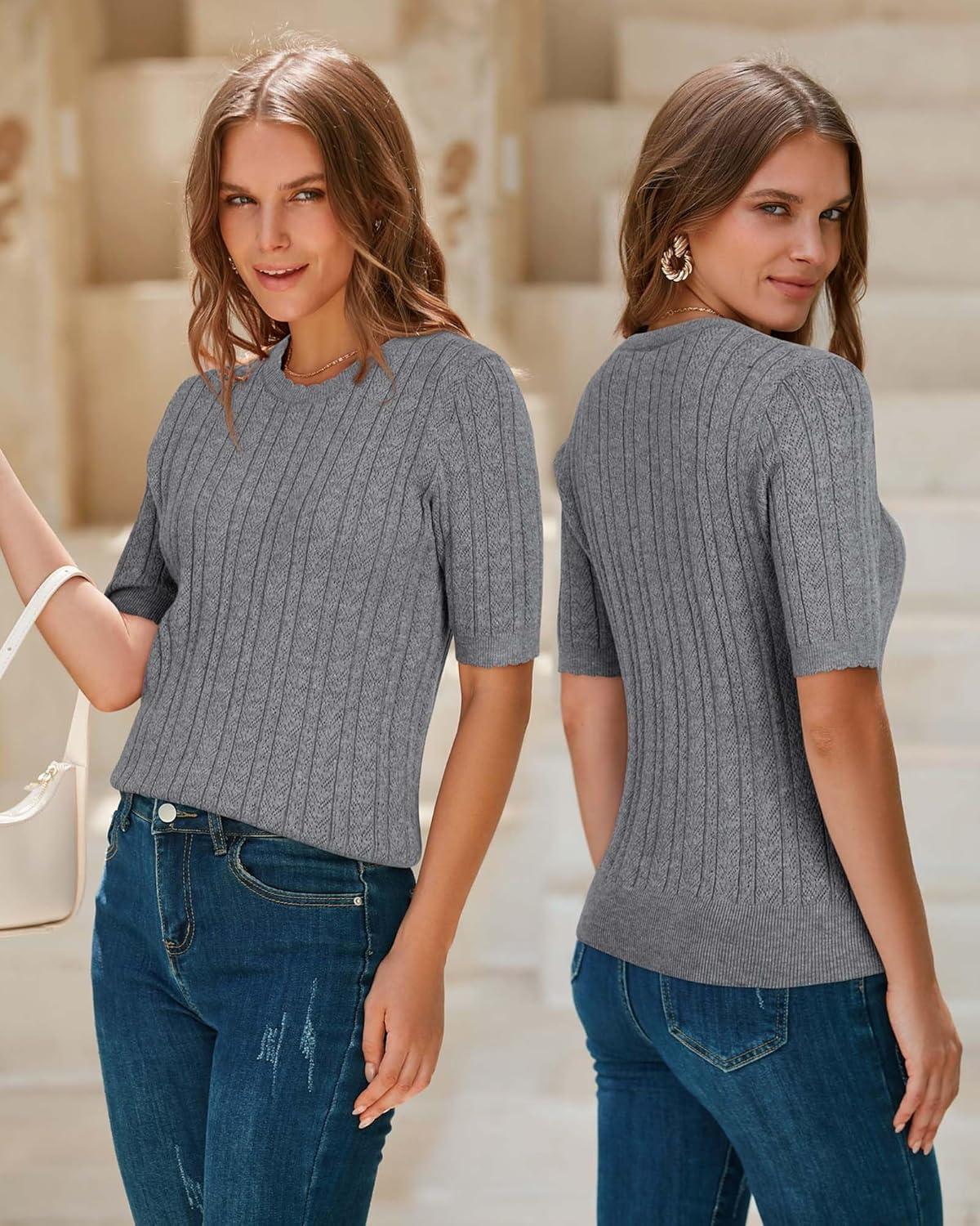 image:imageArachampCloz Womens Spring Summer Scalloped Short Sleeve Tops Textured ShirtsGrey