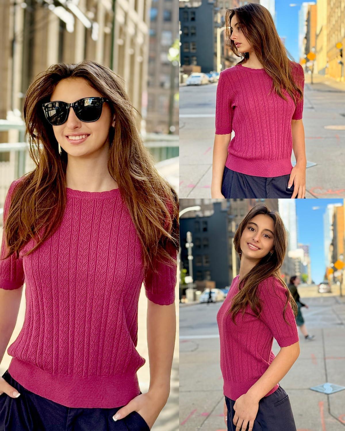 image:imageArachampCloz Womens Spring Summer Scalloped Short Sleeve Tops Textured ShirtsHot Pink
