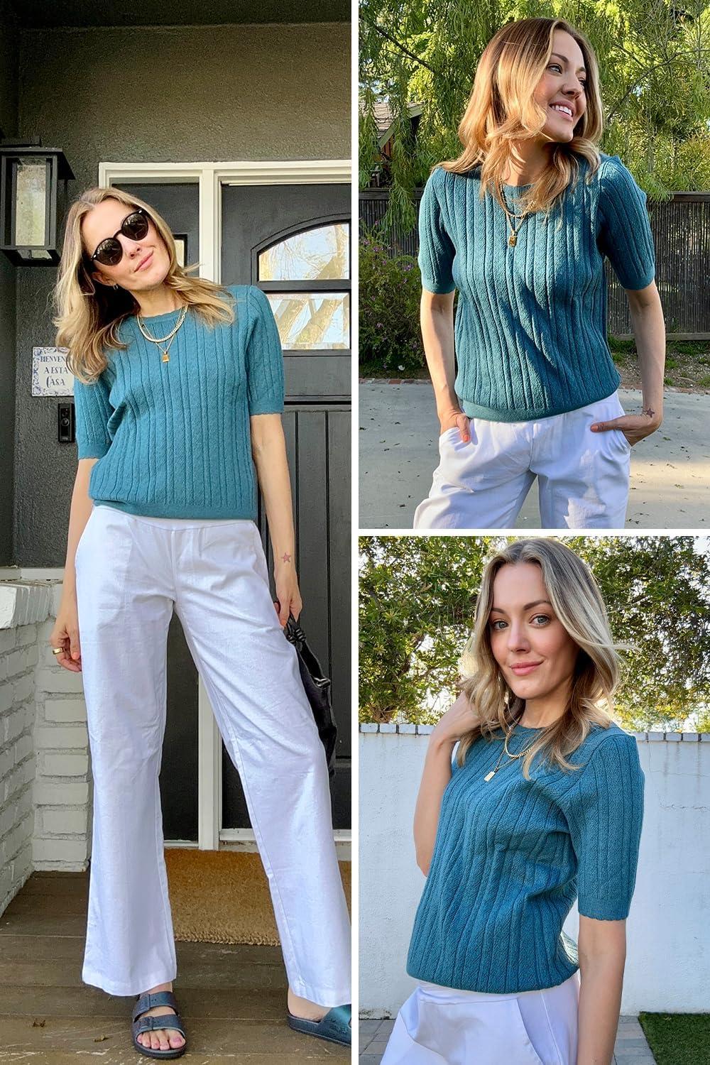 image:imageArachampCloz Womens Spring Summer Scalloped Short Sleeve Tops Textured ShirtsPeacock Blue