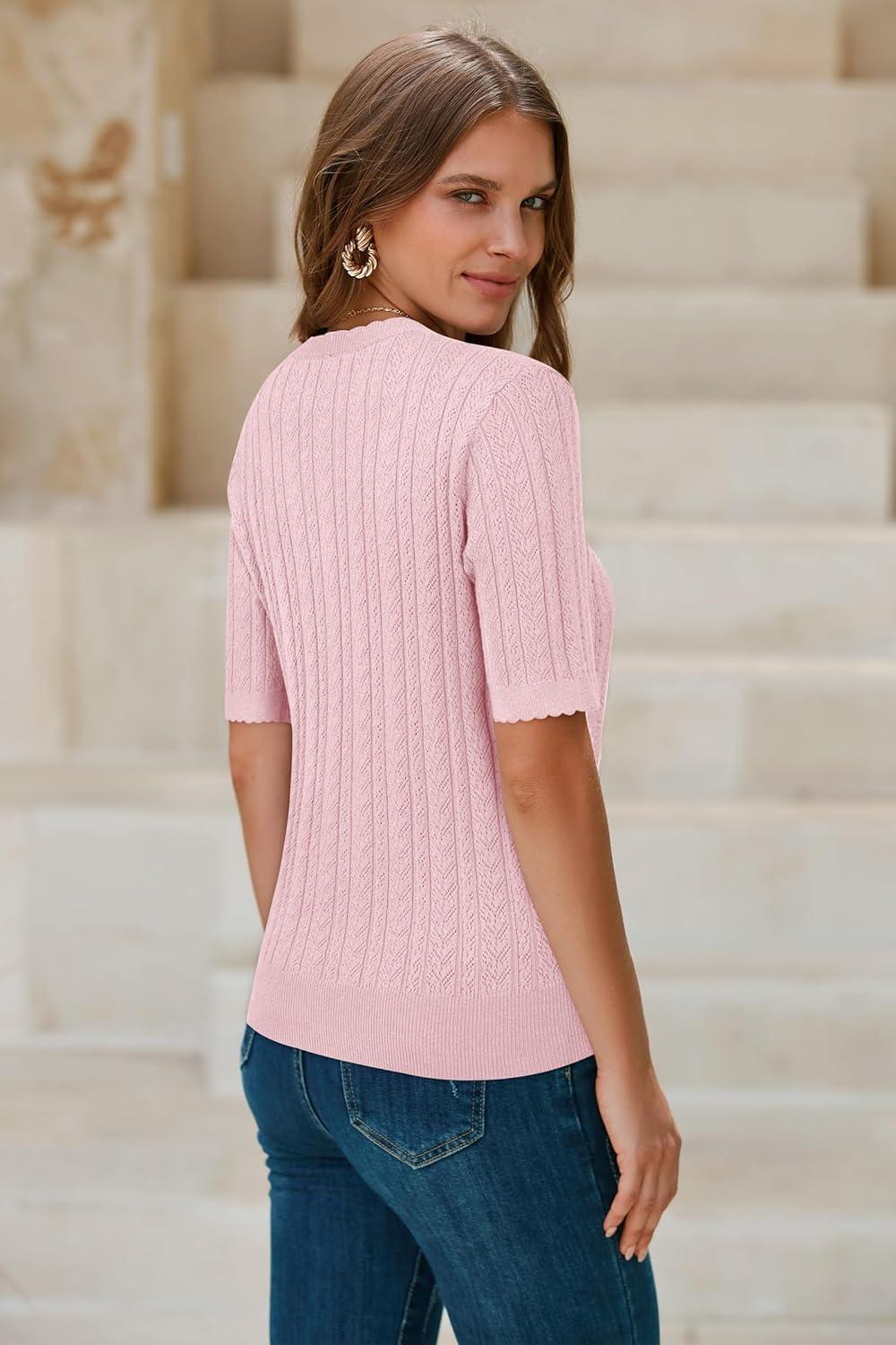 image:imageArachampCloz Womens Spring Summer Scalloped Short Sleeve Tops Textured ShirtsPink 02
