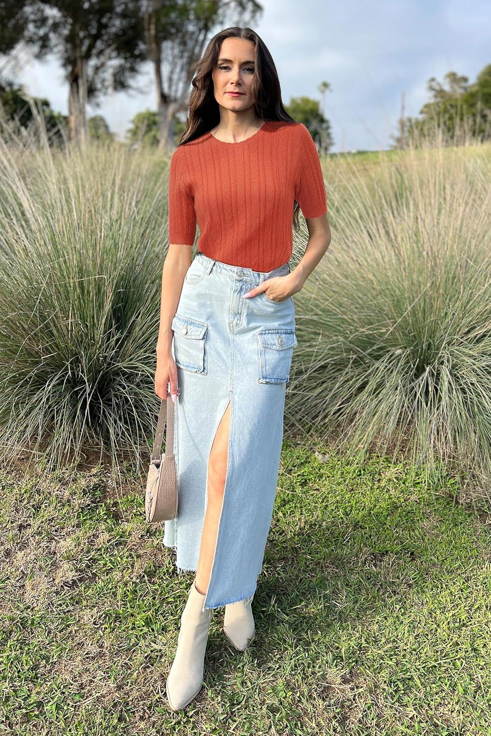 image:imageArachampCloz Womens Spring Summer Scalloped Short Sleeve Tops Textured ShirtsRust Orange