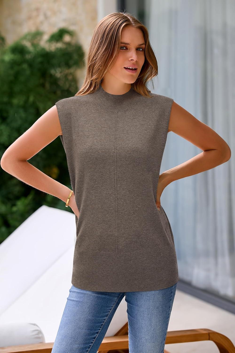 image:imageArachampCloz Womens Wool Blend Mock Neck Sweaters Vest Business Casual Lightweight Trendy Tops Summer Outfits 2026Coffee