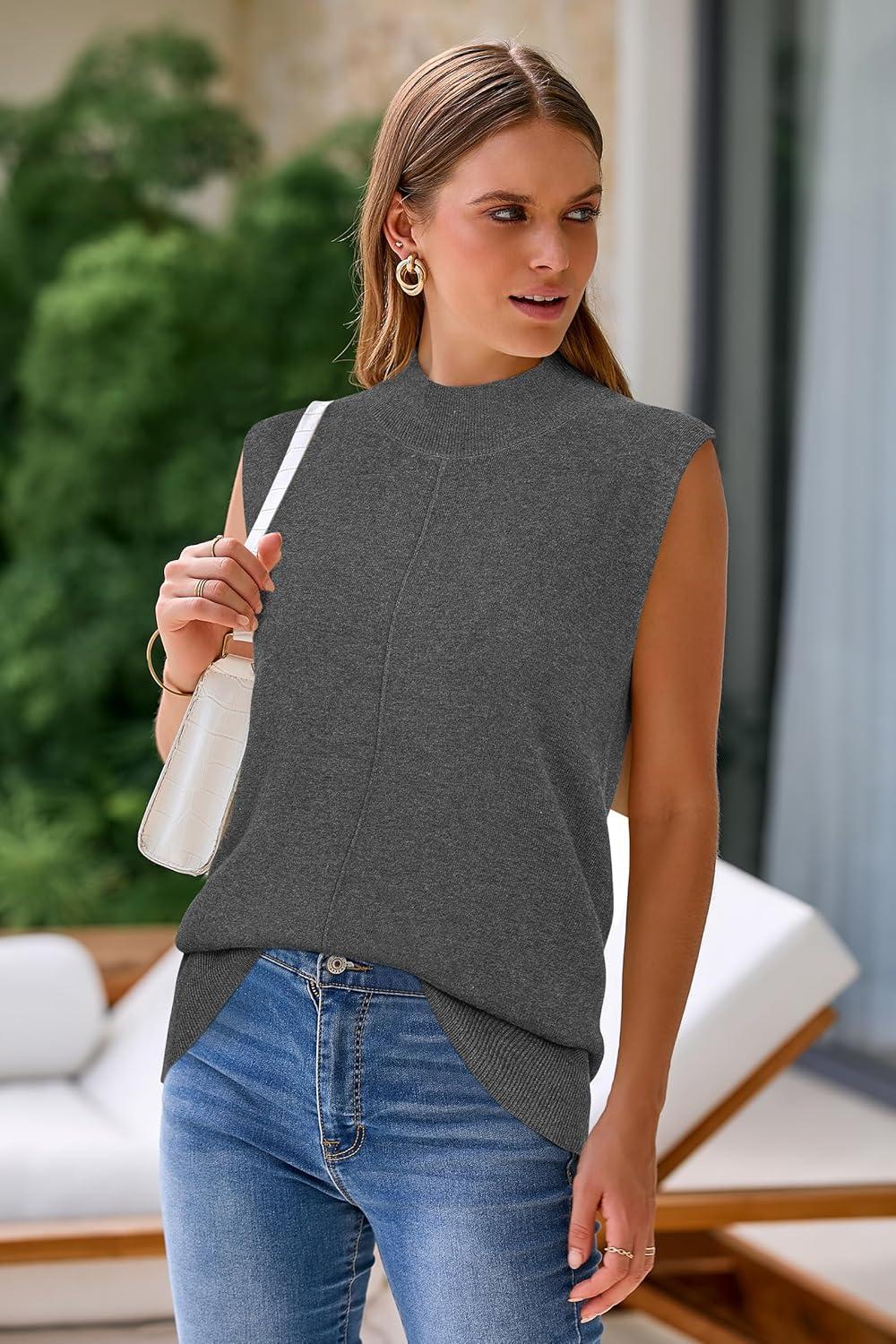 image:imageArachampCloz Womens Wool Blend Mock Neck Sweaters Vest Business Casual Lightweight Trendy Tops Summer Outfits 2026Dark Grey