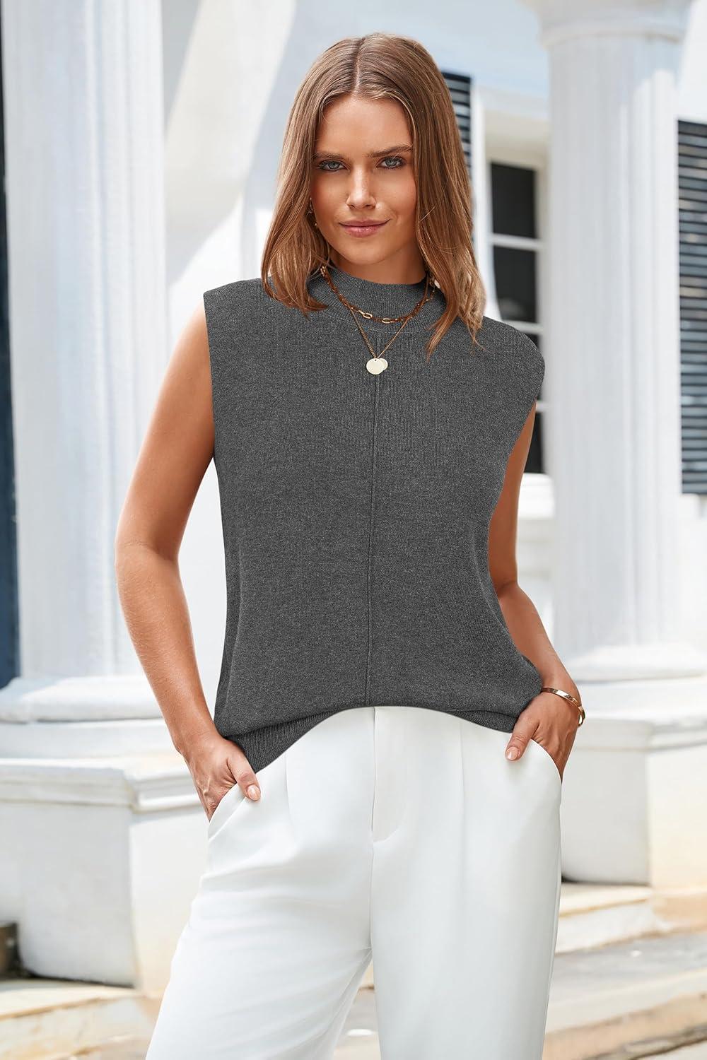 image:imageArachampCloz Womens Wool Blend Mock Neck Sweaters Vest Business Casual Lightweight Trendy Tops Summer Outfits 2026Dark Grey