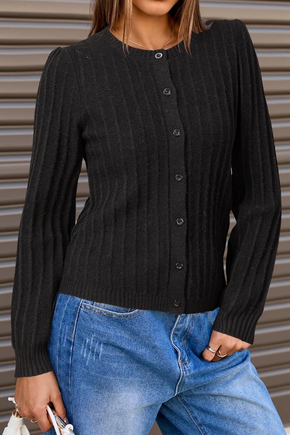 image:imageArachampCloz Womens Wool Blend Puff Sleeve Fall Cable Knit Cardigan Sweaters 2025Black