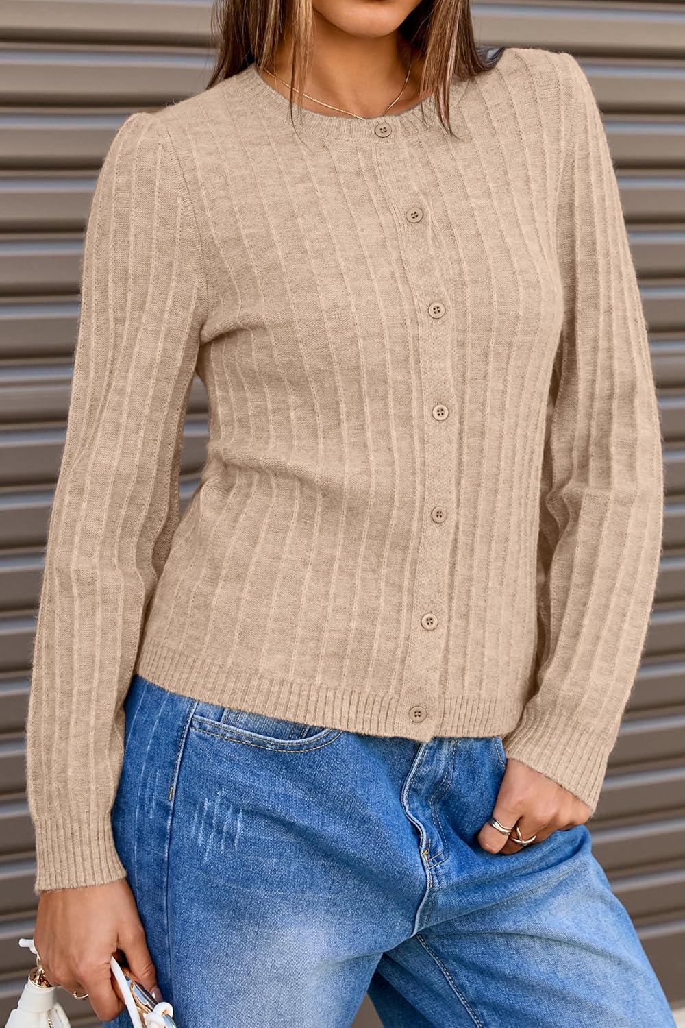 image:imageArachampCloz Womens Wool Blend Puff Sleeve Fall Cable Knit Cardigan Sweaters 2025Camel