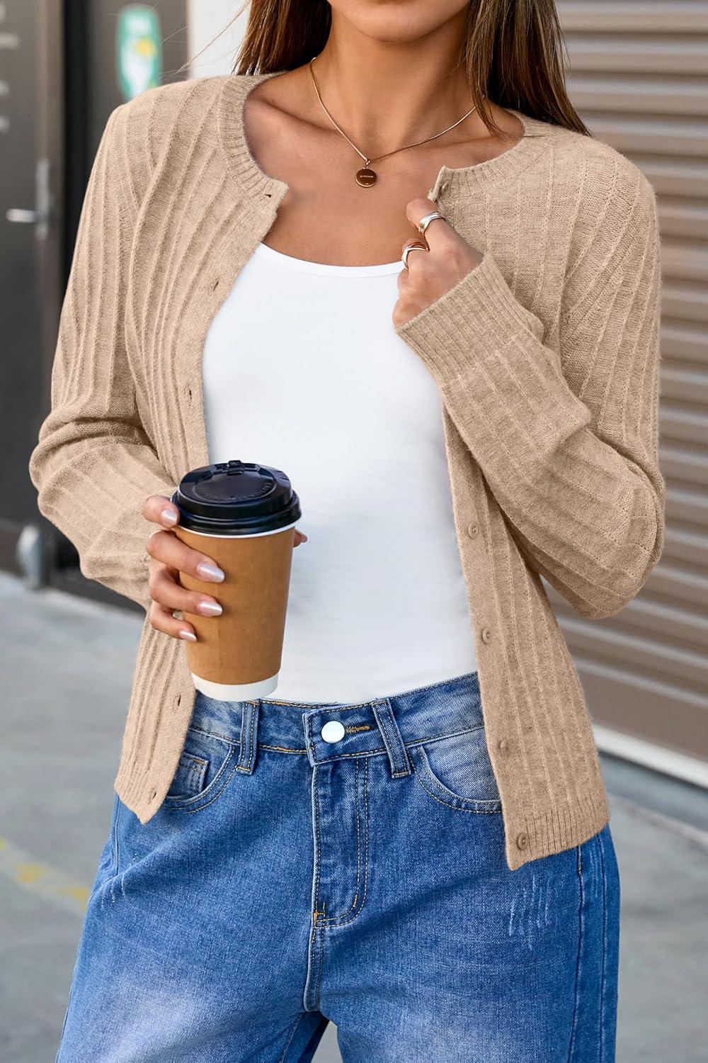 image:imageArachampCloz Womens Wool Blend Puff Sleeve Fall Cable Knit Cardigan Sweaters 2025Camel
