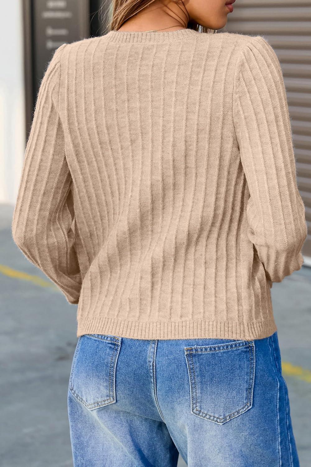image:imageArachampCloz Womens Wool Blend Puff Sleeve Fall Cable Knit Cardigan Sweaters 2025Camel