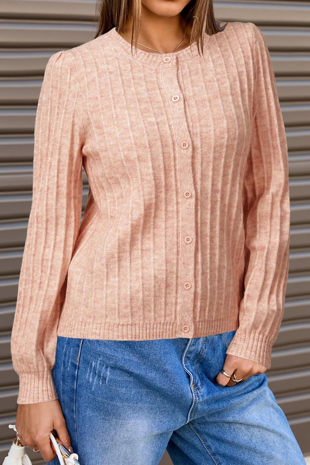 image:imageArachampCloz Womens Wool Blend Puff Sleeve Fall Cable Knit Cardigan Sweaters 2025Pink