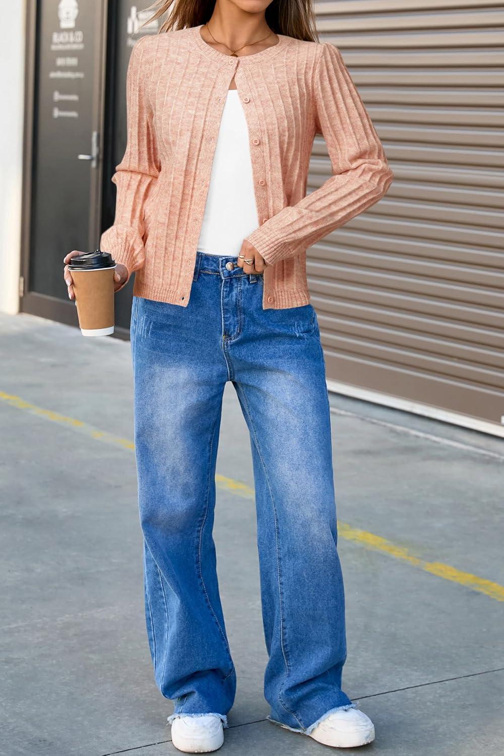 image:imageArachampCloz Womens Wool Blend Puff Sleeve Fall Cable Knit Cardigan Sweaters 2025Pink