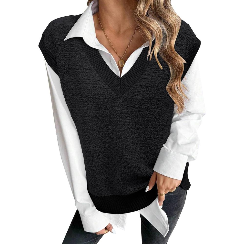 image:imageArachampCloz Sweaters Vest Women Fall Fleece Sleeveless V Neck Loose Ribbed Knit Pullover Sweater Vest Tops for WomenBlack