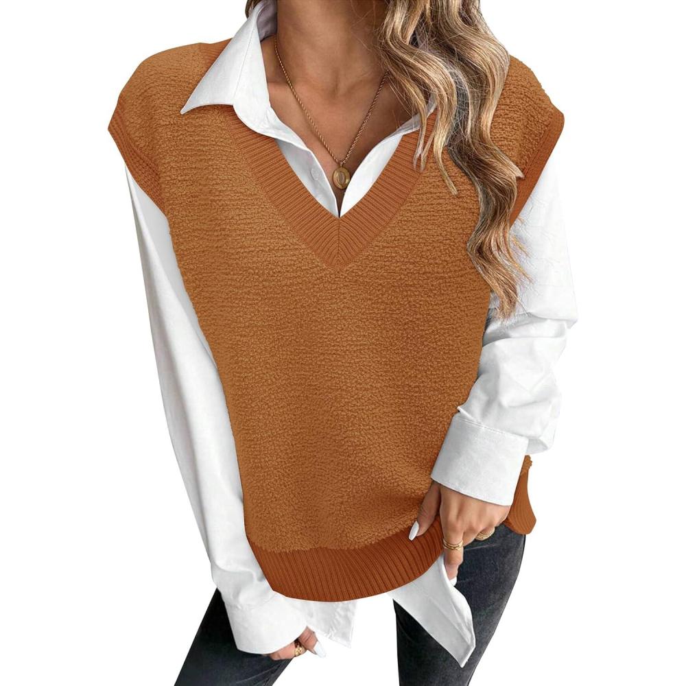 image:imageArachampCloz Sweaters Vest Women Fall Fleece Sleeveless V Neck Loose Ribbed Knit Pullover Sweater Vest Tops for WomenCamel