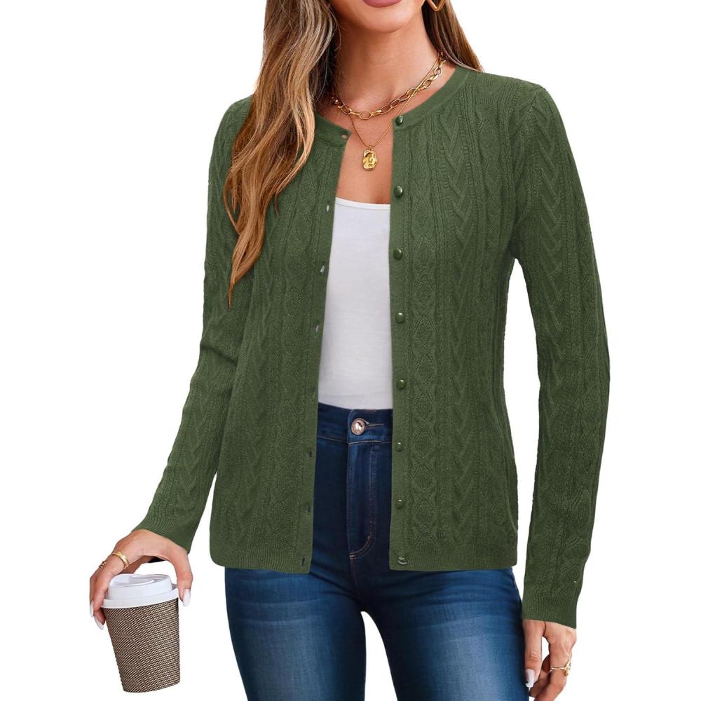 image:imageArachampCloz Womens Cable Knit Fall Soft Lightweight Sweater Cardigans 2025Army Green