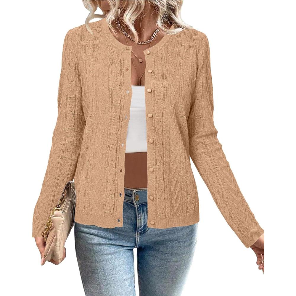 image:imageArachampCloz Womens Cable Knit Fall Soft Lightweight Sweater Cardigans 2025Camel