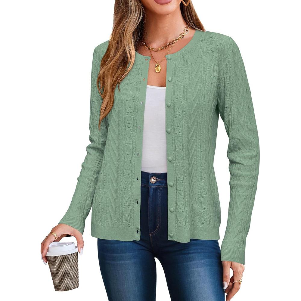 image:imageArachampCloz Womens Cable Knit Fall Soft Lightweight Sweater Cardigans 2025Gray Green