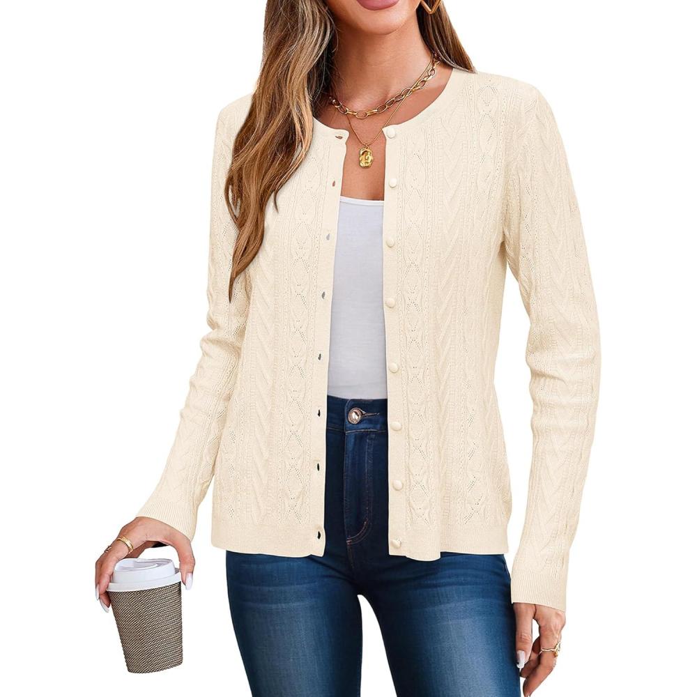 image:imageArachampCloz Womens Cable Knit Fall Soft Lightweight Sweater Cardigans 2025Ivory Apricot