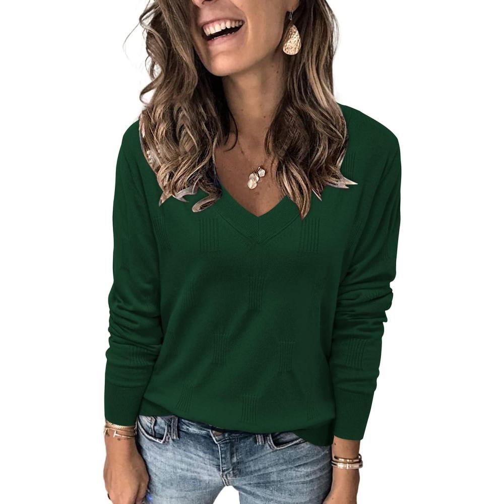 image:imageArachampCloz Womens Soft V Neck Long Sleeve Fall Casual Regular Fit Sweater TopsGreen