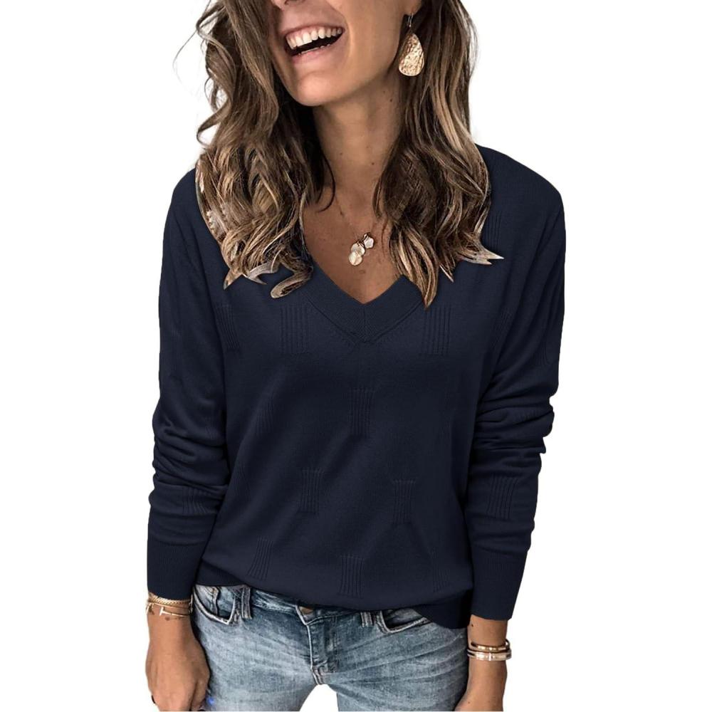 image:imageArachampCloz Womens Soft V Neck Long Sleeve Fall Casual Regular Fit Sweater TopsNavy
