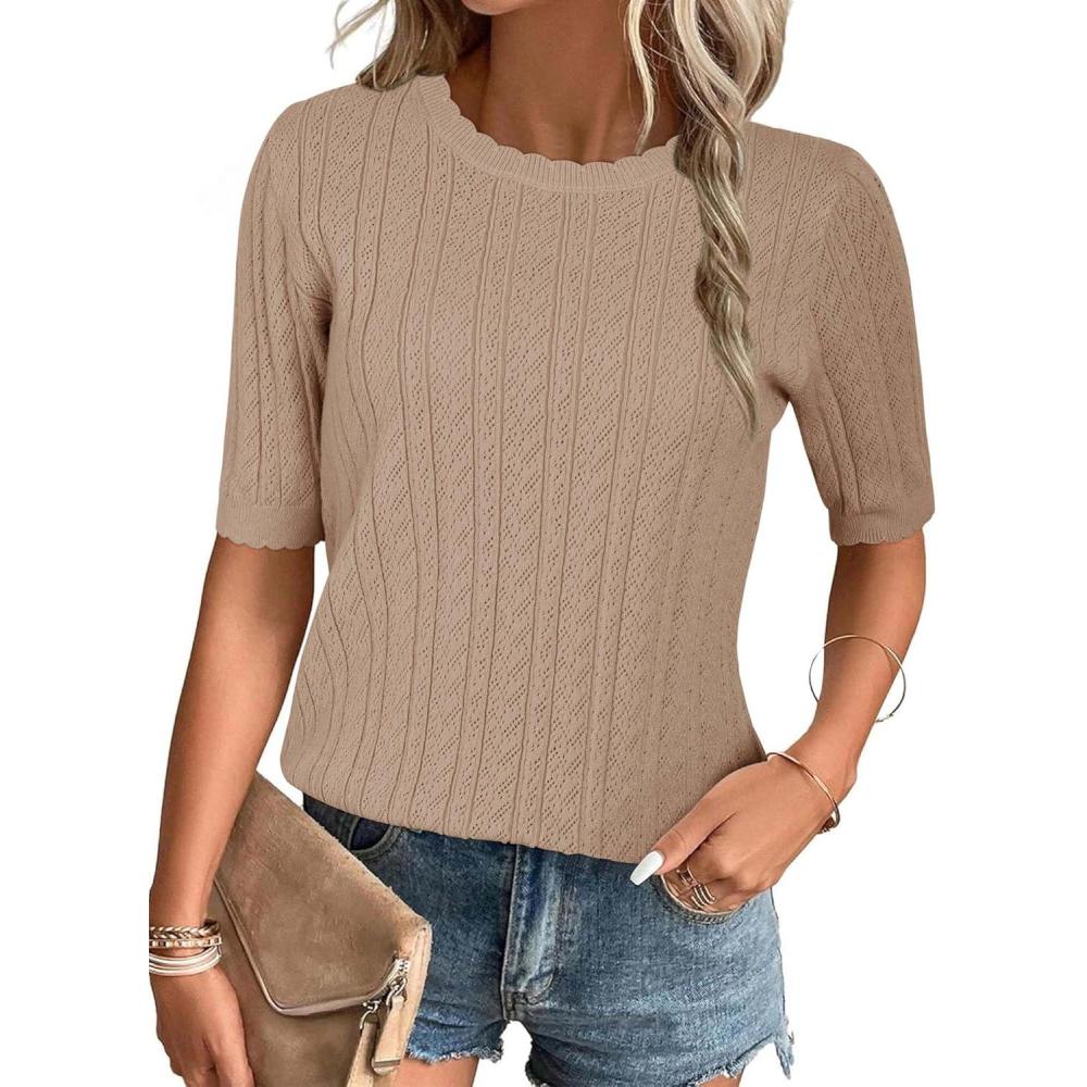 image:imageArachampCloz Womens Spring Summer Scalloped Short Sleeve Tops Textured ShirtsApricot