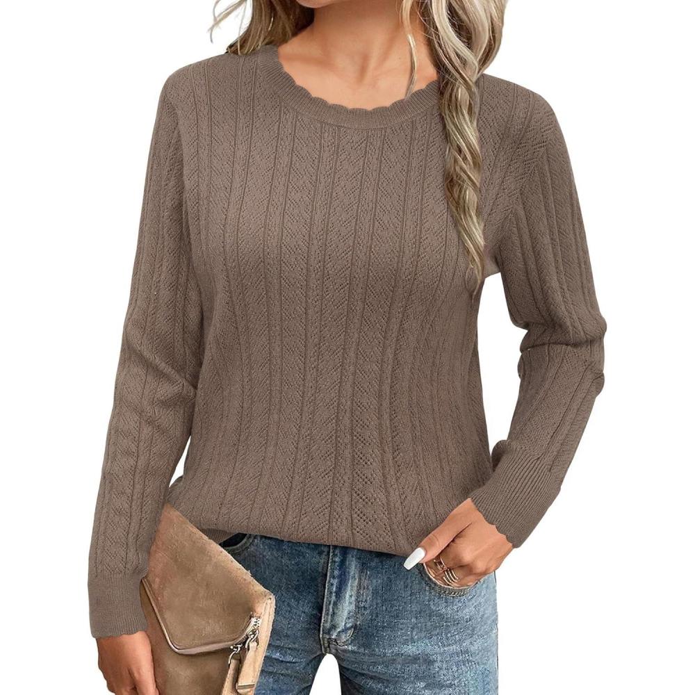 image:imageArachampCloz Womens Spring Summer Scalloped Short Sleeve Tops Textured ShirtsBcoffee