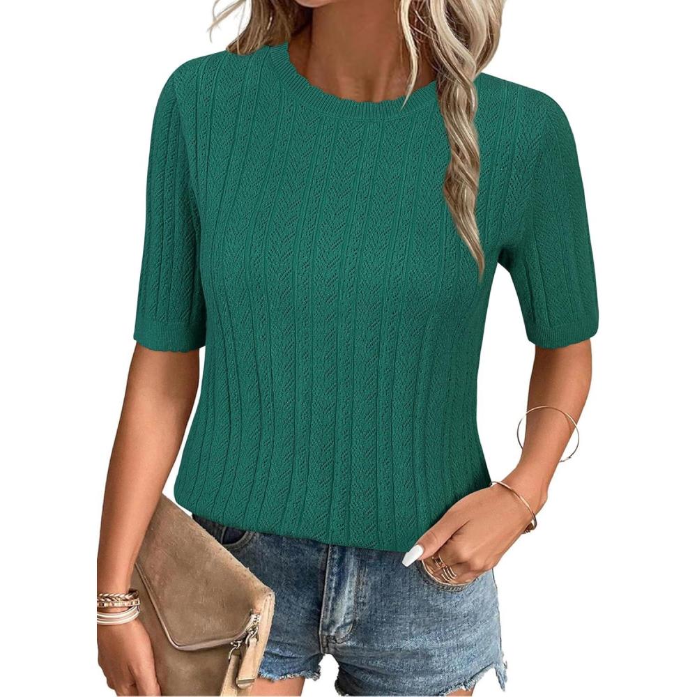 image:imageArachampCloz Womens Spring Summer Scalloped Short Sleeve Tops Textured ShirtsGreen