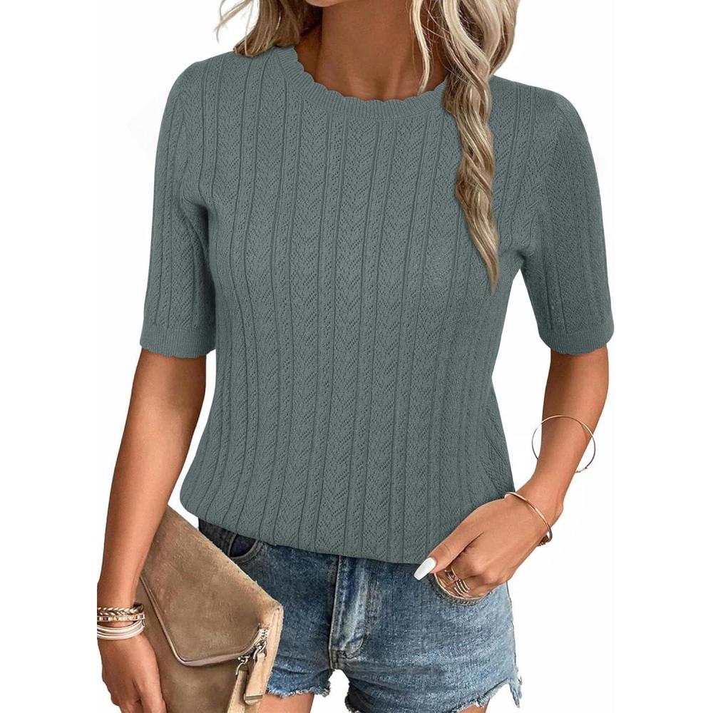 image:imageArachampCloz Womens Spring Summer Scalloped Short Sleeve Tops Textured ShirtsGrey Green