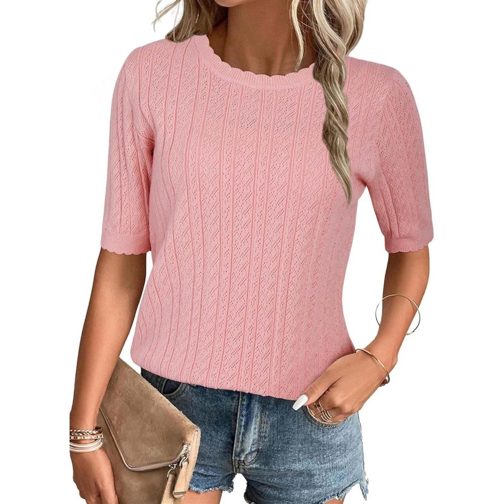 image:imageArachampCloz Womens Spring Summer Scalloped Short Sleeve Tops Textured ShirtsPink