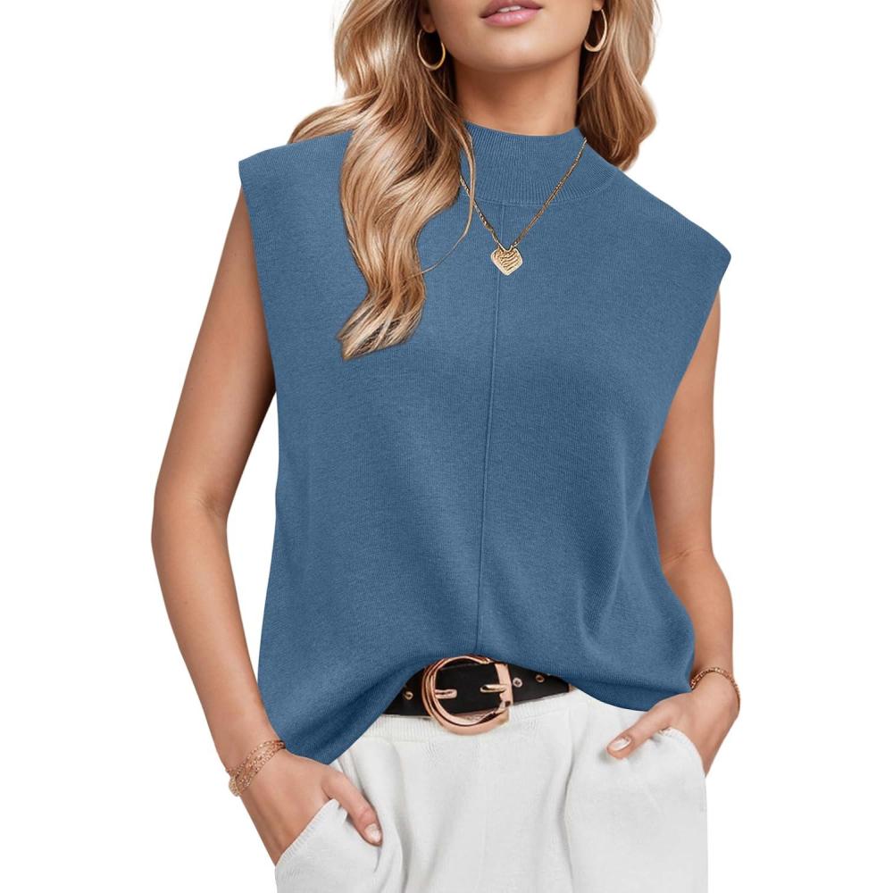 image:imageArachampCloz Womens Wool Blend Mock Neck Sweaters Vest Business Casual Lightweight Trendy Tops Summer Outfits 2026Blue