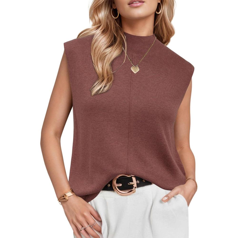 image:imageArachampCloz Womens Wool Blend Mock Neck Sweaters Vest Business Casual Lightweight Trendy Tops Summer Outfits 2026Dusty Red