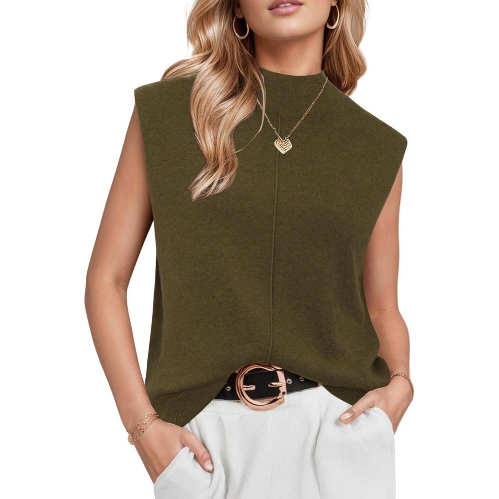 image:imageArachampCloz Womens Wool Blend Mock Neck Sweaters Vest Business Casual Lightweight Trendy Tops Summer Outfits 2026Green Brown