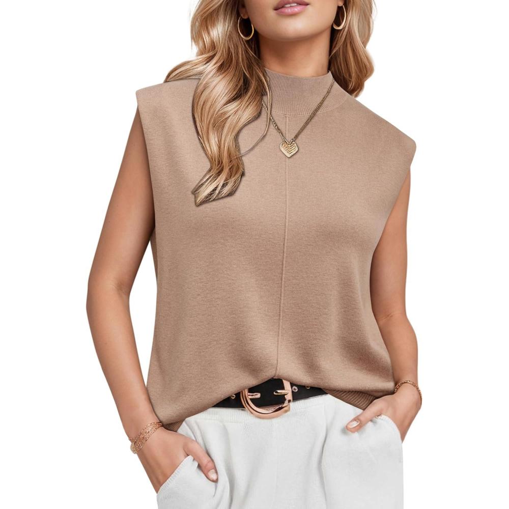 image:imageArachampCloz Womens Wool Blend Mock Neck Sweaters Vest Business Casual Lightweight Trendy Tops Summer Outfits 2026Khaki