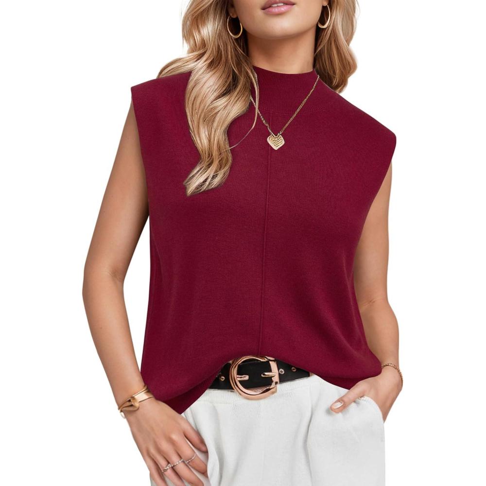 image:imageArachampCloz Womens Wool Blend Mock Neck Sweaters Vest Business Casual Lightweight Trendy Tops Summer Outfits 2026Red