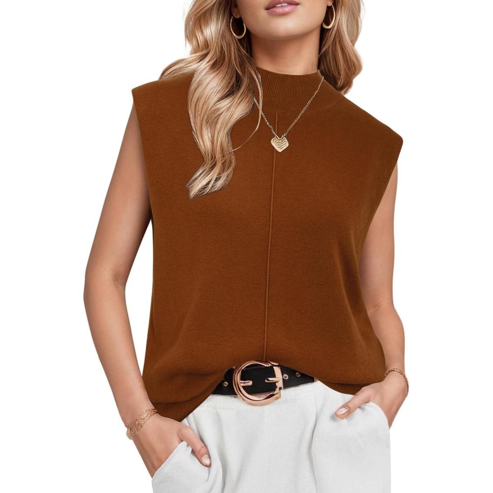 image:imageArachampCloz Womens Wool Blend Mock Neck Sweaters Vest Business Casual Lightweight Trendy Tops Summer Outfits 2026Rust