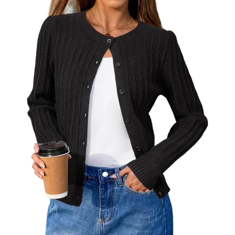 image:imageArachampCloz Womens Wool Blend Puff Sleeve Fall Cable Knit Cardigan Sweaters 2025Black