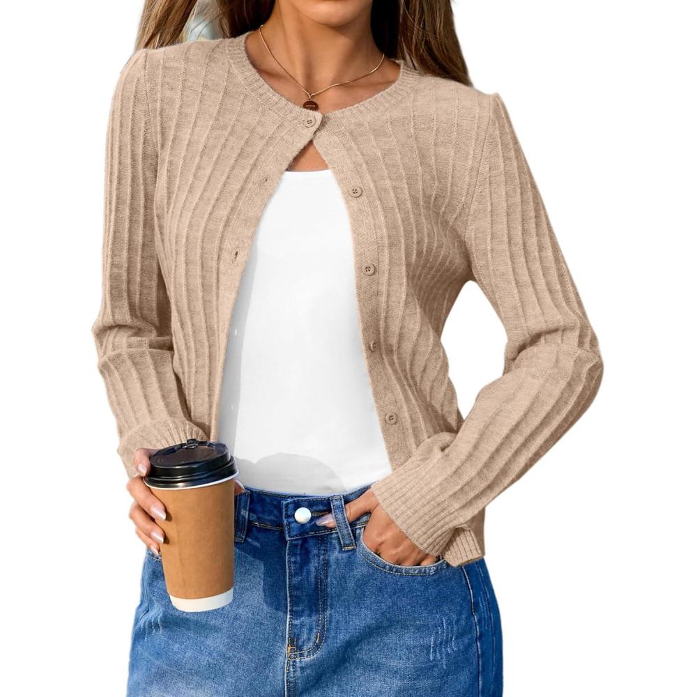 image:imageArachampCloz Womens Wool Blend Puff Sleeve Fall Cable Knit Cardigan Sweaters 2025Camel