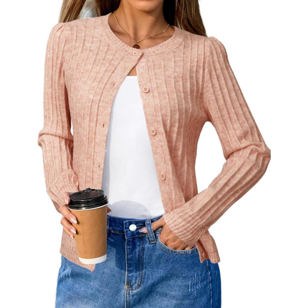 image:imageArachampCloz Womens Wool Blend Puff Sleeve Fall Cable Knit Cardigan Sweaters 2025Pink