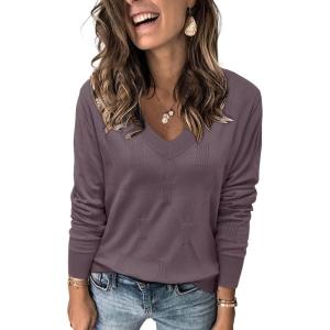 Arach&Cloz Women’s Soft V Neck Long Sleeve Fall Casual Regular Fit Sweater Tops(Grey Purple)