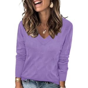Arach&Cloz Women’s Soft V Neck Long Sleeve Fall Casual Regular Fit Sweater Tops(Lilac)
