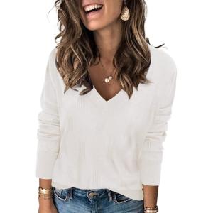 Arach&Cloz Women’s Soft V Neck Long Sleeve Fall Casual Regular Fit Sweater Tops(Off-white)