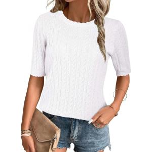 Arach&Cloz Women’s Spring Summer Scalloped Short Sleeve Tops Textured Shirts(Beige)
