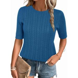 Arach&Cloz Women’s Spring Summer Scalloped Short Sleeve Tops Textured Shirts(Blue)