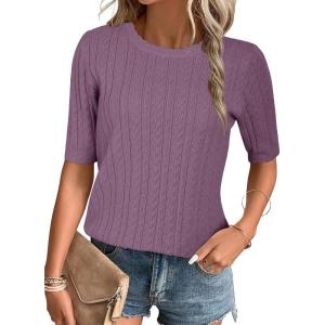 Arach&Cloz Women’s Spring Summer Scalloped Short Sleeve Tops Textured Shirts(Gray Purple)