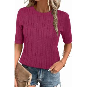 Arach&Cloz Women’s Spring Summer Scalloped Short Sleeve Tops Textured Shirts(Hot Pink)