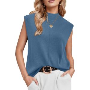 Arach&Cloz Women’s Wool Blend Mock Neck Sweaters Vest Business Casual Lightweight Trendy Tops Summer Outfits 2026(Blue)