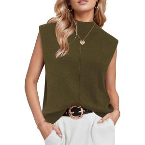 Arach&Cloz Women’s Wool Blend Mock Neck Sweaters Vest Business Casual Lightweight Trendy Tops Summer Outfits 2026(Green Brown)