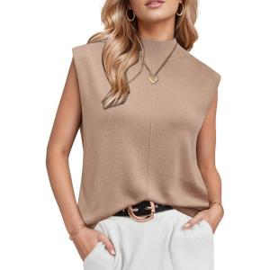 Arach&Cloz Women’s Wool Blend Mock Neck Sweaters Vest Business Casual Lightweight Trendy Tops Summer Outfits 2026(Khaki)