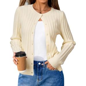 Arach&Cloz Womens Wool Blend Puff Sleeve Fall Cable Knit Cardigan Sweaters 2025(Beige)